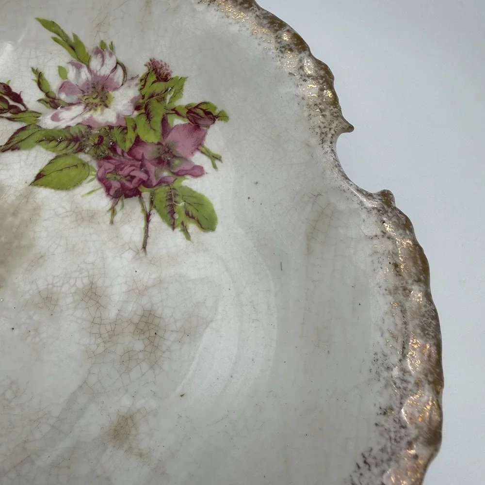 VTG‎ Serving Bowl Floral Roses Transferware *Heavily Stained & Crazed* Decor
